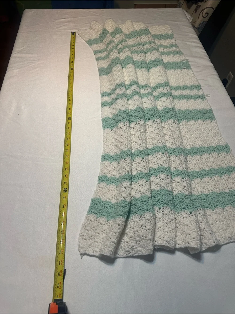 Hand Crafted White and Mint Crochet Throw Blanket